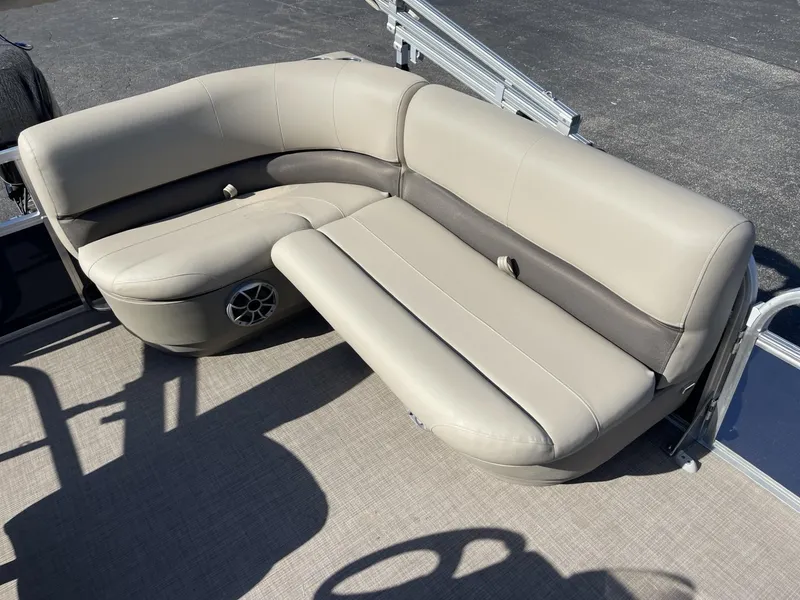 Slide: The Image of 2025 Sun Tracker Bass Buggy 16 XL Select pontoon boat seating area. - 8