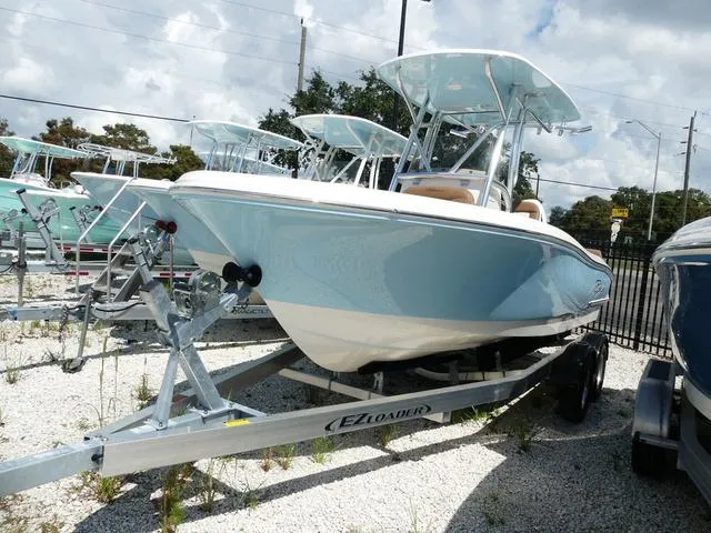 Slide: The Image of 2025 Pioneer Sportfish 202 boat on trailer, light blue hull, sunny day. - 4