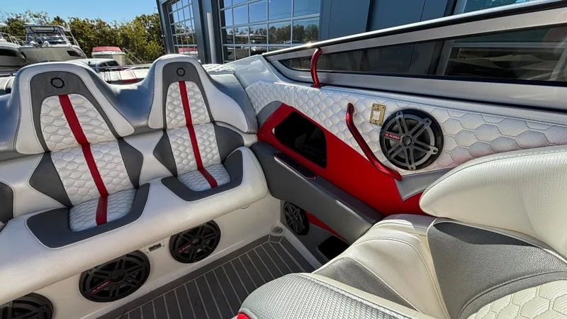 Slide: The Image of 2008 Fountain 47 Lightning boat interior with modern seating and audio system. - 17