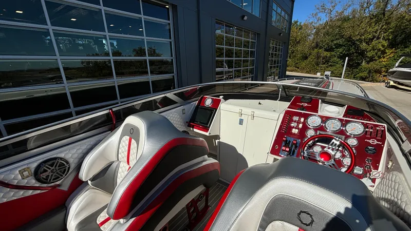 Slide: The Image of Interior of a 2008 Fountain 47 Lightning boat with red and silver accents. - 36