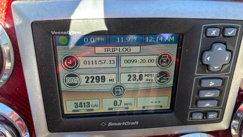 Slide: The Image of SmartCraft VesselView display on 2008 Fountain 47 Lightning showing trip log and fuel data. - 47