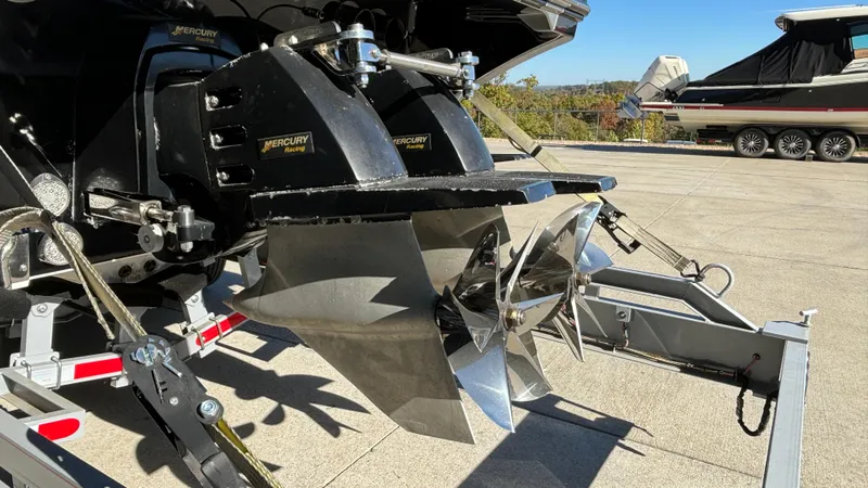 Slide: The Image of 2008 Fountain 47 Lightning boat with Mercury outboard engines on a trailer. - 5