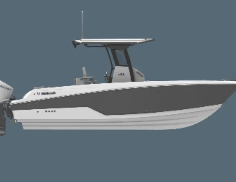 Slide: The Image of 2025 Wellcraft 263 Fisherman boat, side view, sleek design, gray and white color scheme. - 8