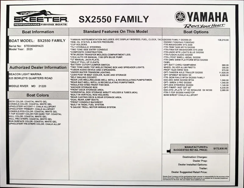 Slide: The Image of Skeeter SX 2550 Family 2025 boat features and options list with pricing details. - 39