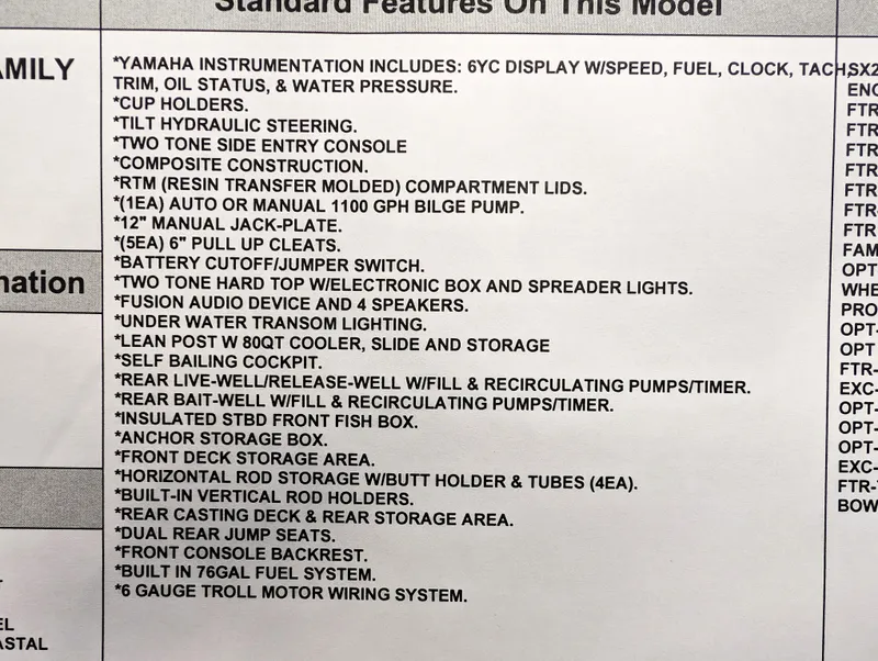 Slide: The Image of Standard features list for 2025 Skeeter SX 2550 Family boat model. - 40
