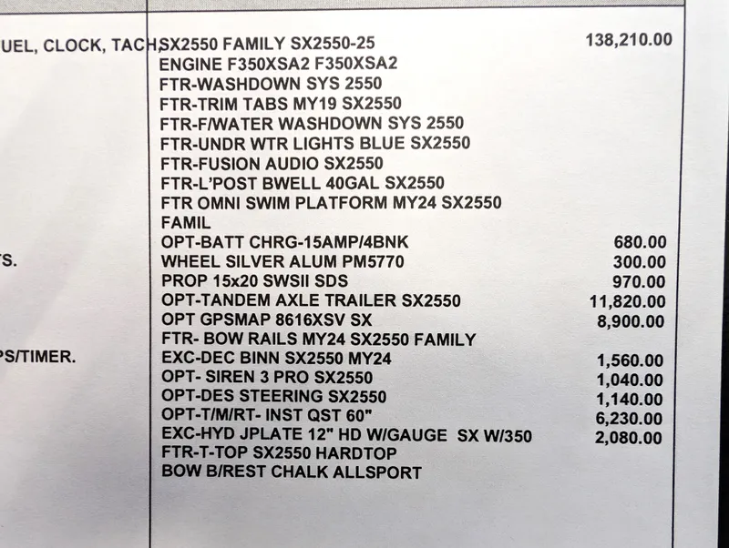 Slide: The Image of Price list for 2025 Skeeter SX 2550 Family boat with optional features and accessories. - 41
