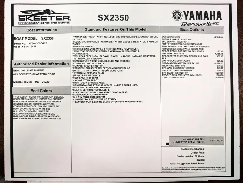 Slide: The Image of Skeeter SX 2350 2025 boat features and pricing details with Yamaha options. - 33