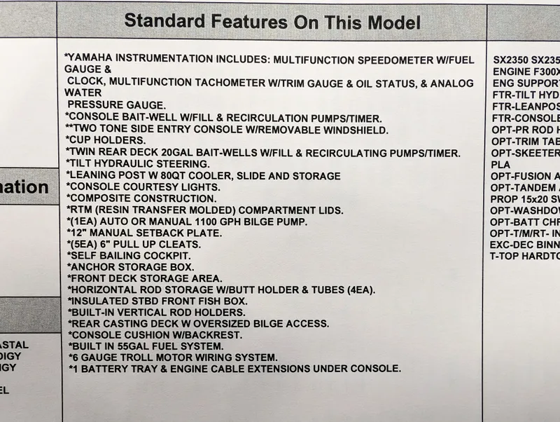 Slide: The Image of Standard features list for 2025 Skeeter SX 2350 boat model. - 34