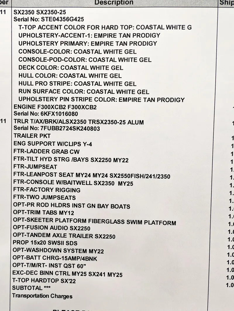 Slide: The Image of 2025 Skeeter SX 2350 boat specifications and features list. - 36