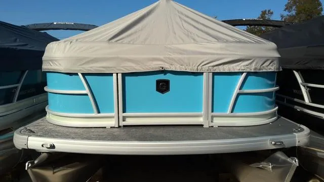 Slide: The Image of 2025 Godfrey Pontoons Sweetwater 2086 CSE, blue pontoon boat with cover. - 1