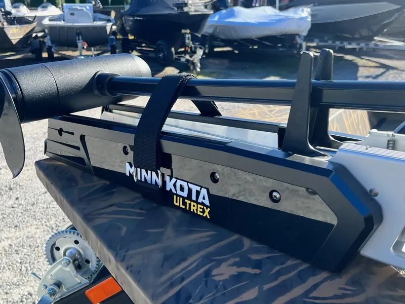 Slide: The Image of Minn Kota Ultrex motor on 2025 G3 Sportsman 1610 Vinyl boat, outdoor display. - 23