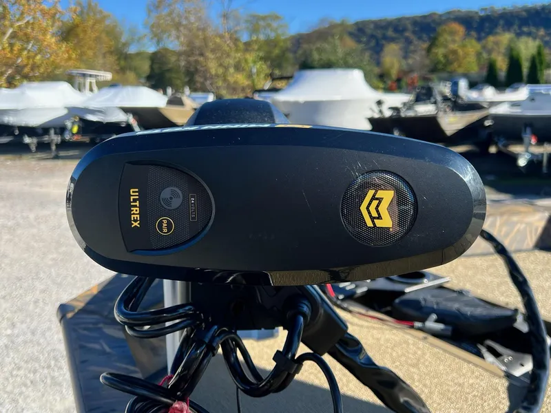 Slide: The Image of Close-up of Ultrex motor on 2025 G3 Sportsman 1610 Vinyl boat. - 34