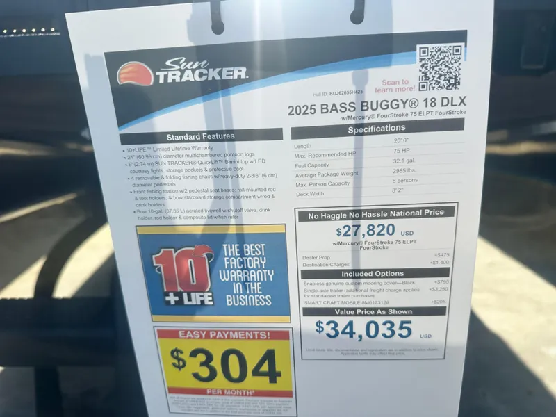 Slide: The Image of 2025 Sun Tracker Bass Buggy 18 DLX price tag with specifications and payment details. - 4