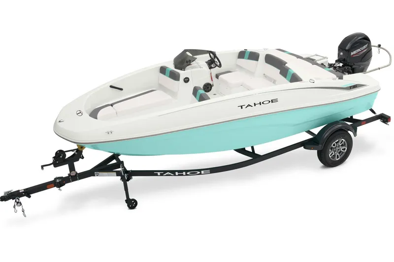 Slide: The Image of 2025 Tahoe T16 boat on trailer, white and teal design, side view. - 40