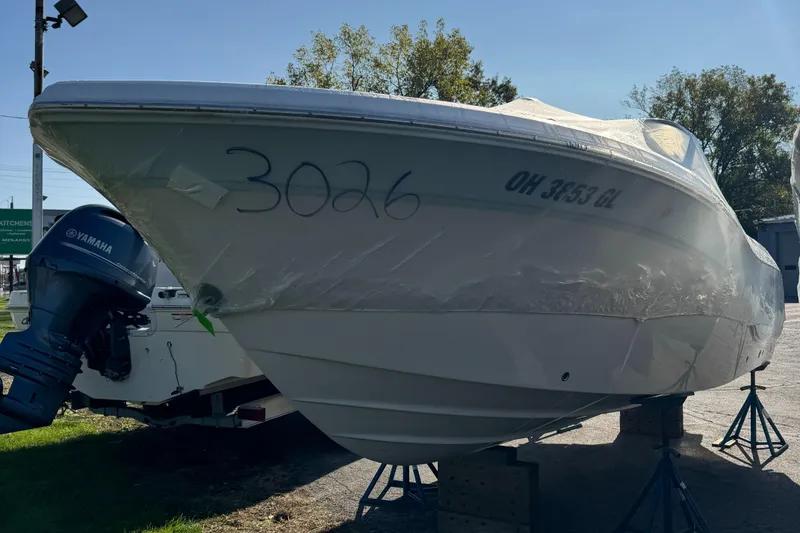 Slide: The Image of 2024 Sea Fox 226 Traveler boat on display with Yamaha engine. - 2