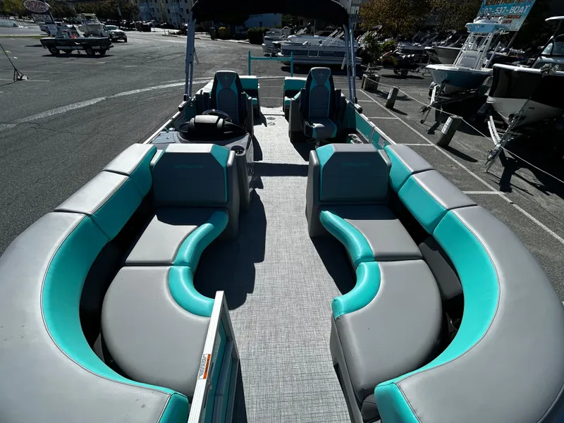 Slide: The Image of 2025 Berkshire 23RFX STS 3.0 pontoon boat with spacious seating and modern design. - 11