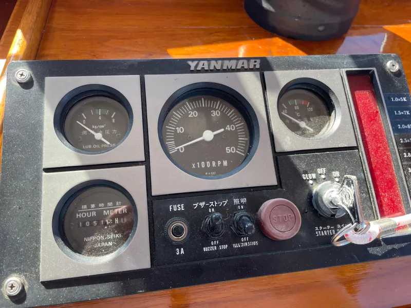Slide: The Image of Control panel of a 1988 Ellis 28 boat with Yanmar engine gauges. - 21