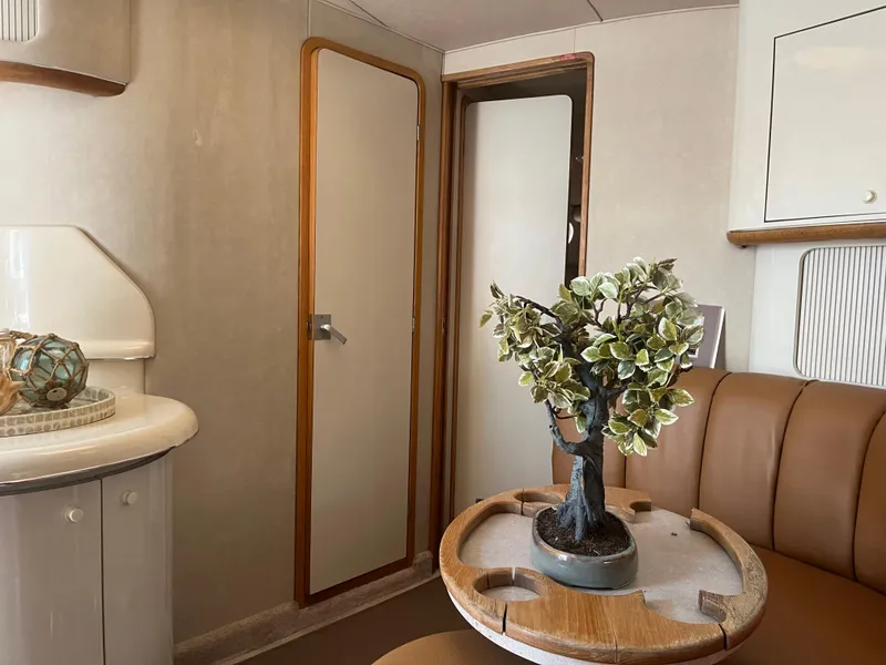 Slide: The Image of 1996 Sea Ray 450 Sundancer interior with plant on table, beige seating, and wooden accents. - 25