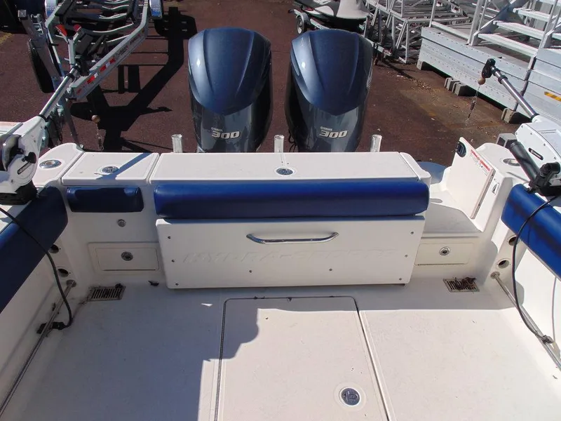 Slide: The Image of 2011 Hydra-Sports 3000VX Express boat with dual 300 horsepower engines, rear deck view. - 34