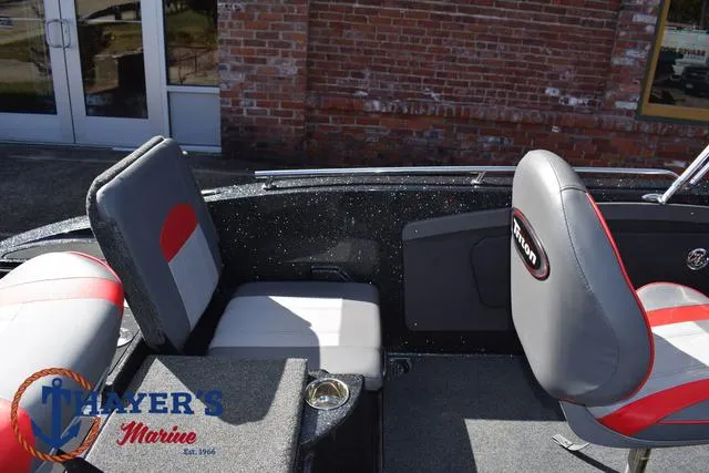 Slide: The Image of 2024 Triton 206 Allure boat interior with gray and red seating, Mayer's Marine logo. - 23