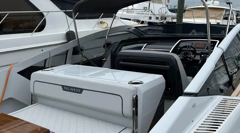 Slide: The Image of 2022 Fairline F//Line 33 luxury yacht interior with sleek design and modern features. - 38