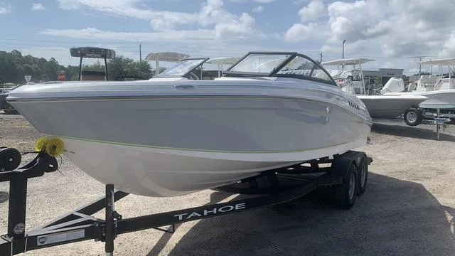 Slide: The Image of 2024 Tahoe 210 S boat on trailer under a cloudy sky. - 9