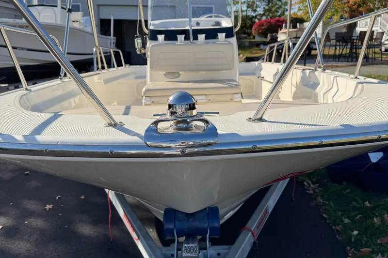 Slide: The Image of 2018 Boston Whaler 170 Montauk boat on trailer, front view. - 3
