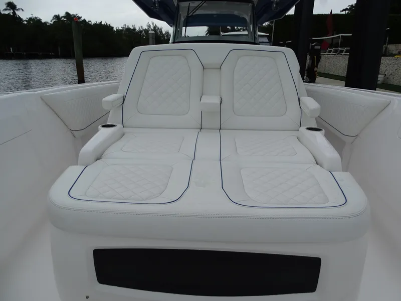Slide: The Image of 2022 Intrepid 407 Panacea boat with luxurious white seating. - 38