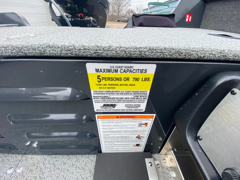 Slide: The Image of 2025 Lund 1650 Angler Tiller capacity label, maximum 5 persons or 790 lbs. - 22