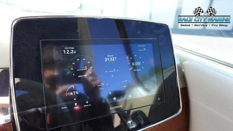 Slide: The Image of Garmin display on 2025 Chris-Craft 28GT boat dashboard, showing various metrics. - 41