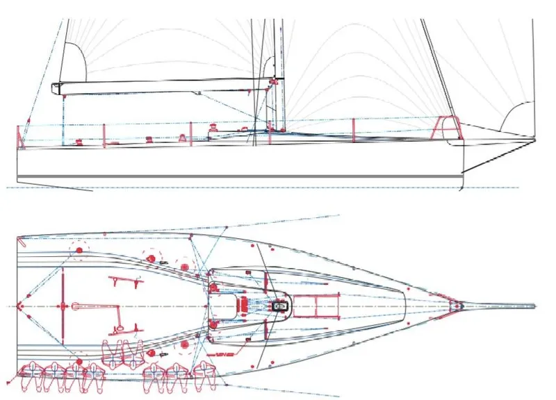 Slide: The Image of Blueprint of Ker 11.3 sailboat, 2001 model, showing side and top views with detailed design elements. - 2