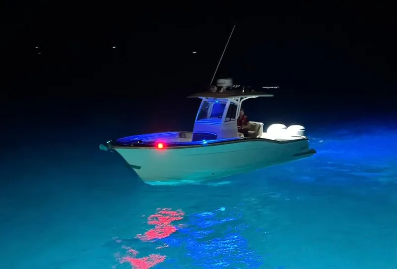 Slide: The Image of 2013 Scout 275 LXF boat illuminated on water at night. - 4