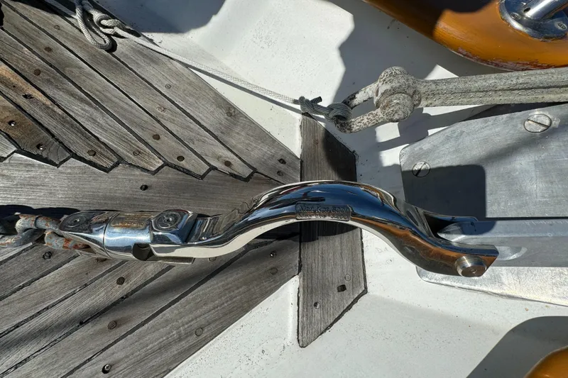 Slide: The Image of Close-up of 1984 Transpacific Marine Ketch deck hardware and wood detailing. - 18