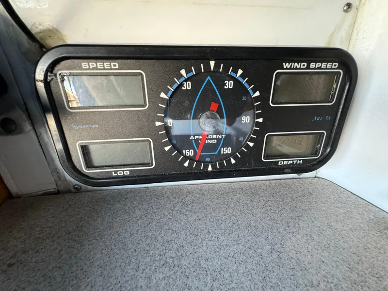 Slide: The Image of Instrument panel on a 1984 Transpacific Marine Ketch showing speed, wind speed, and depth gauges. - 35