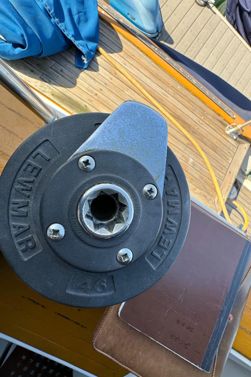 Slide: The Image of Close-up of a Lewmar winch on a 1984 Transpacific Marine Ketch sailboat deck. - 44