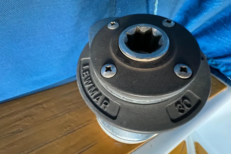 Slide: The Image of Lewmar winch on 1984 Transpacific Marine Ketch, against blue fabric background. - 45