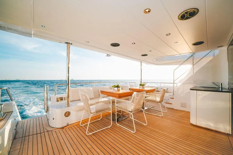 Slide: The Image of Luxurious Benetti Delfino 95 yacht deck with elegant seating, ocean view, and modern design, 2020 model. - 14