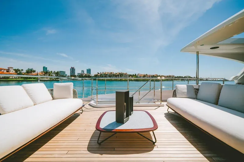 Slide: The Image of Luxurious Benetti Delfino 95 yacht deck with modern seating, ocean view, 2020 model. - 26