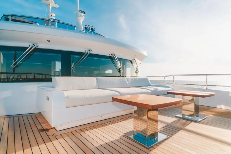 Slide: The Image of Luxurious Benetti Delfino 95 yacht deck with modern seating, 2020 model. - 29