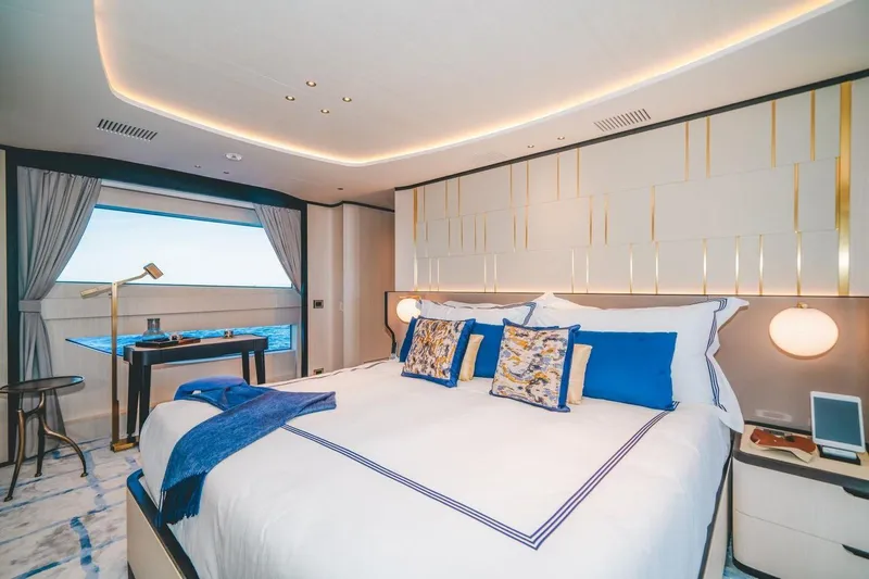 Slide: The Image of Luxurious bedroom interior on 2020 Benetti Delfino 95 yacht with ocean view. - 37
