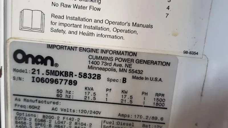Slide: The Image of Onan engine information label for Cummins power generation, model 21.5MDKBR-5832B, 2007 Sea Ray  - 11