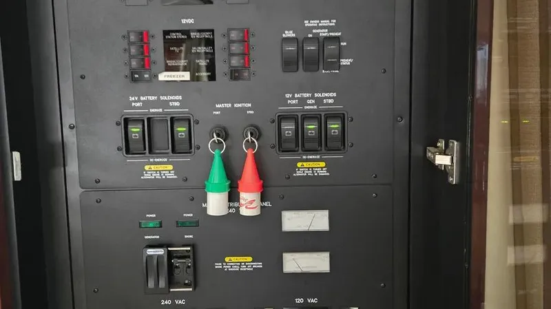 Slide: The Image of Electrical panel of 2007 Sea Ray 580 Sedan Bridge yacht with labeled switches and indicators. - 17