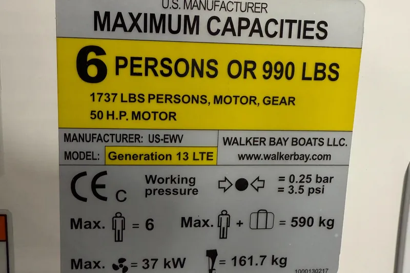 Slide: The Image of Walker Bay Generation 13 LTE 2025 boat capacity label, 6 persons or 990 lbs, 50 HP motor. - 14