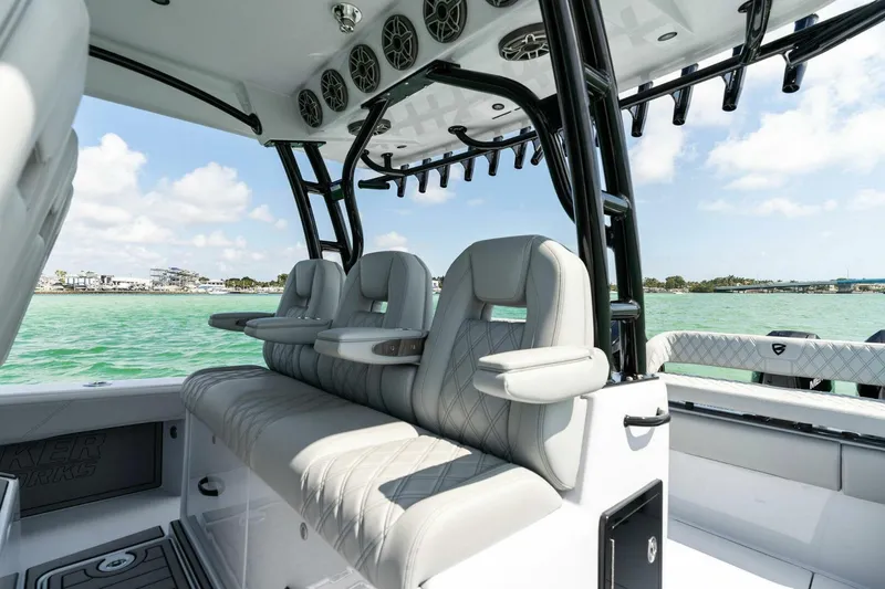 Slide: The Image of 2023 Barker Boatworks 40 High Performance Cat interior with luxurious seating and ocean view. - 24