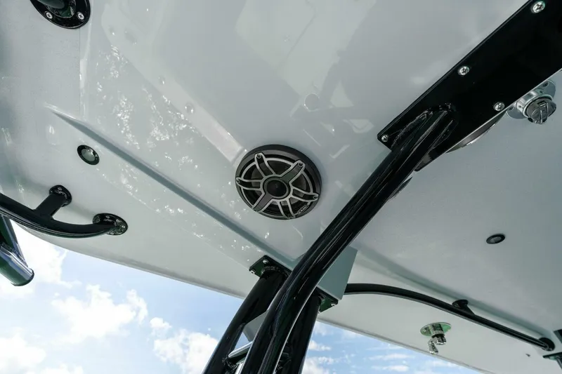 Slide: The Image of 2023 Barker Boatworks 40 High Performance Cat, underside view with speaker and support structures. - 29