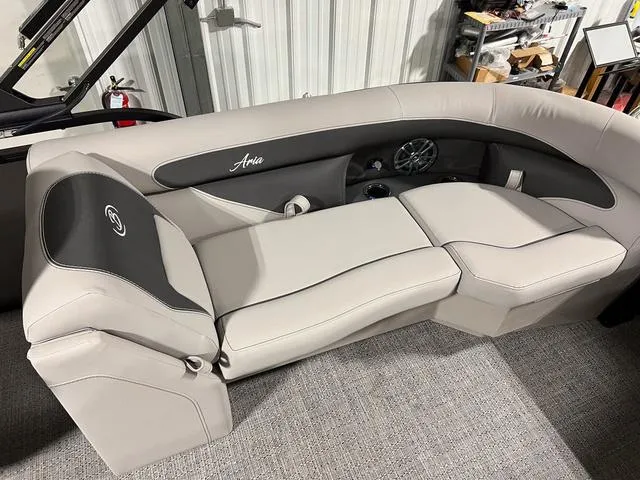 Slide: The Image of 2025 Barletta Aria A24QC boat interior seating with sleek, modern design. - 5