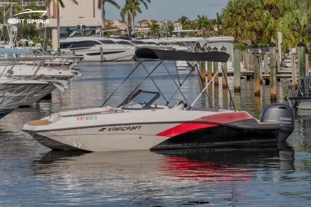 Slide: The Image of 2022 Starcraft SVX 190 DC boat docked in a marina with palm trees. - 2