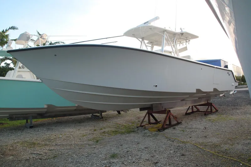 The Image of 2021 SeaVee 370z boat on stands, side view, outdoors. - 0