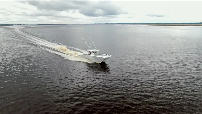 Slide: The Image of Freeman 42LR boat cruising on open water under cloudy skies, 2020 model. - 4