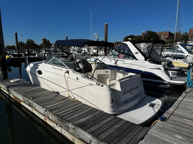 The Image of 2004 Rinker Fiesta Vee 250 boat docked at marina under clear blue sky. - 0